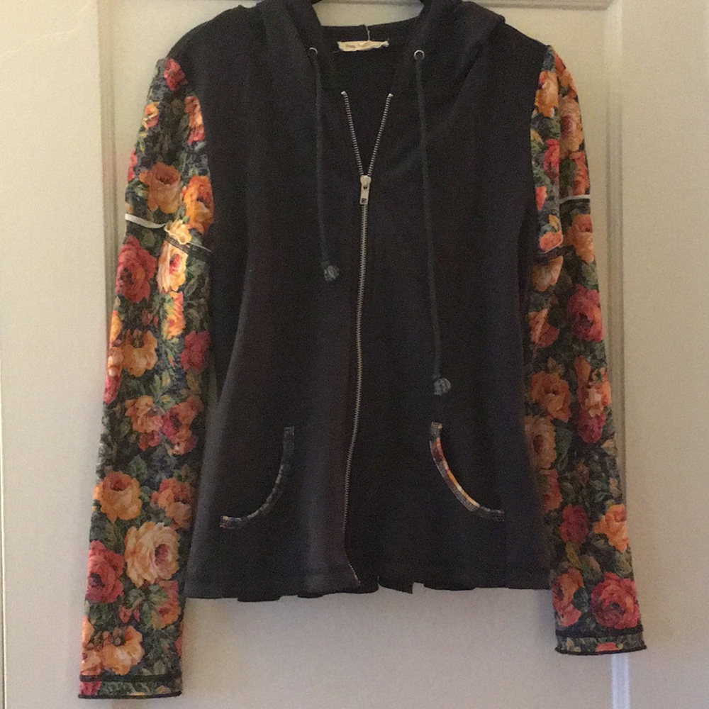 Navy blue floral trim zip up hoodie sz medium